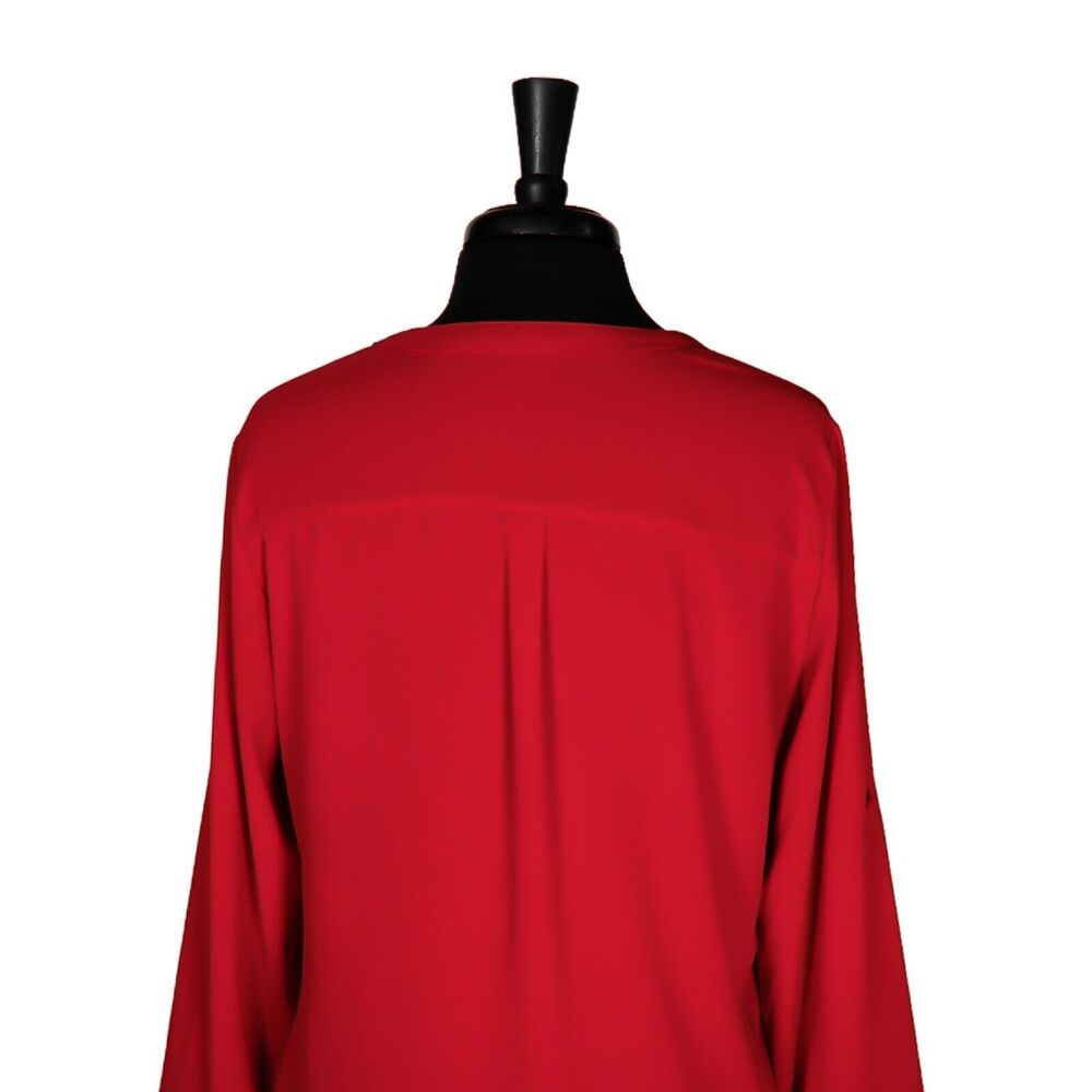 Express Women's Blouse Red V-Neck Roll Tab Long Sleeve Half Button Shirt Top M - Picture 7 of 10